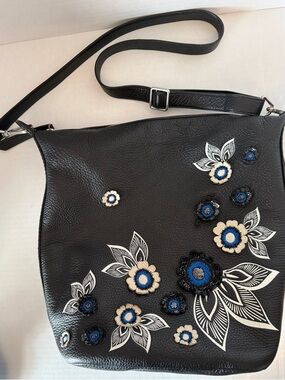 Vera Bradley Black Shoulder Bag with Blue and Cream Floral Embroidery